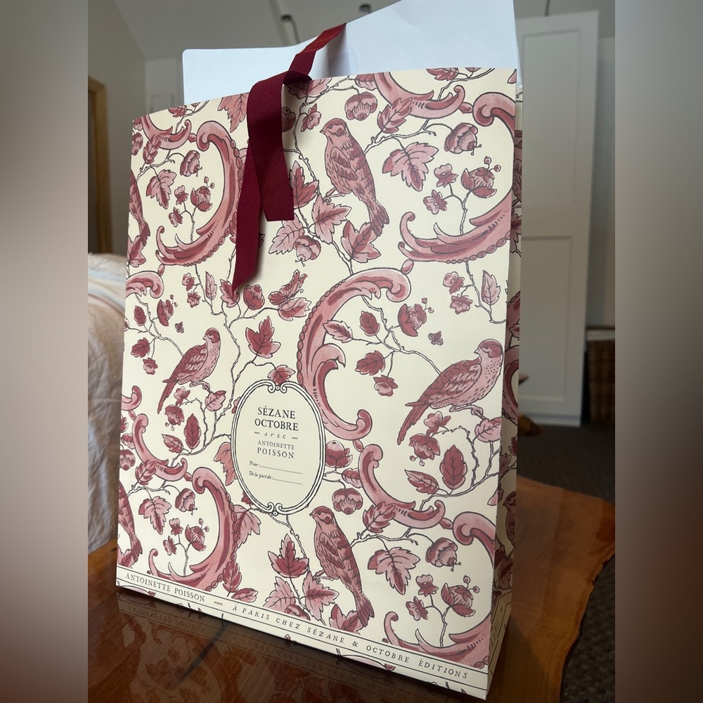 Sezane Decorative Gift Bag with Burgundy and Cream Design